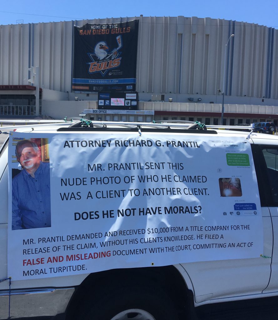Attorney Richard G. Prantil. Banner outside Kobe’s swap meet in San Diego. I was warning the public
