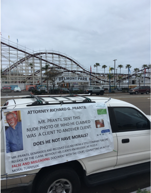 Richard G. Prantil Family law attorney. Banner outside of his Belmont Park San Diego. I was warning the public. 